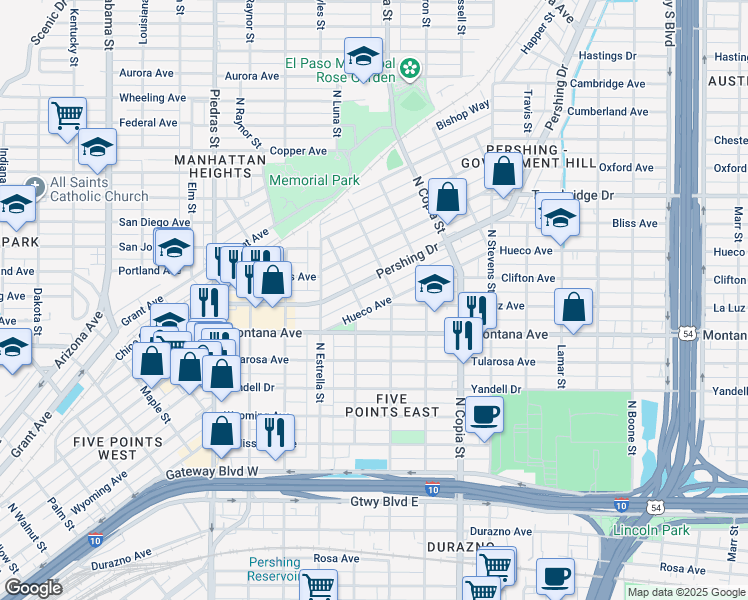 map of restaurants, bars, coffee shops, grocery stores, and more near 3309 Hueco Avenue in El Paso