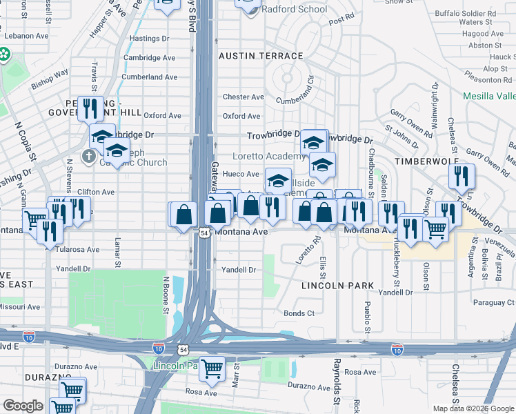 map of restaurants, bars, coffee shops, grocery stores, and more near 4407 La Luz Avenue in El Paso