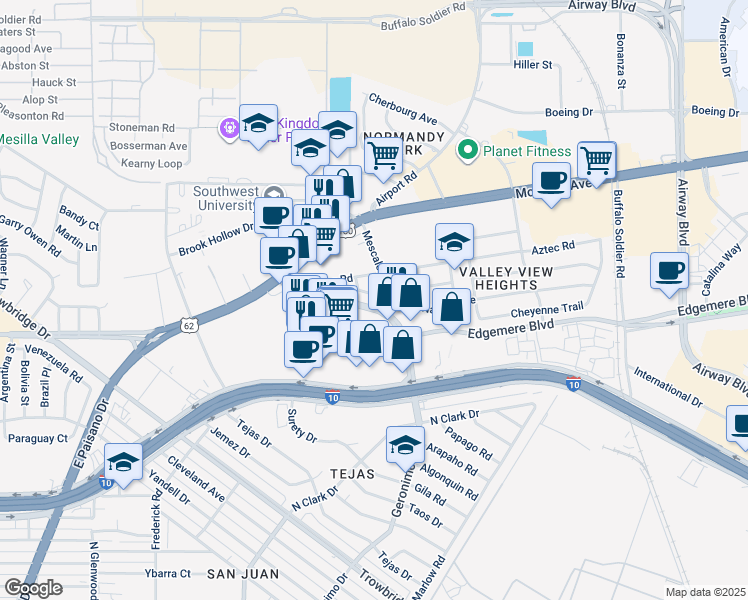 map of restaurants, bars, coffee shops, grocery stores, and more near 6128 Navajo Avenue in El Paso