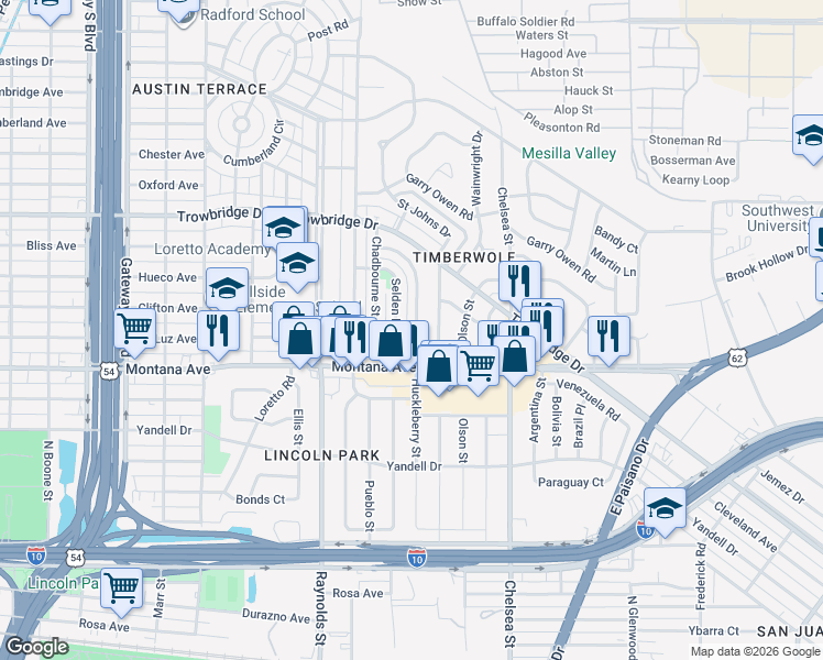 map of restaurants, bars, coffee shops, grocery stores, and more near 1105 Huckleberry Street in El Paso