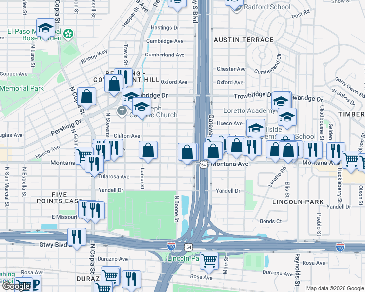 map of restaurants, bars, coffee shops, grocery stores, and more near 4111 La Luz Avenue in El Paso