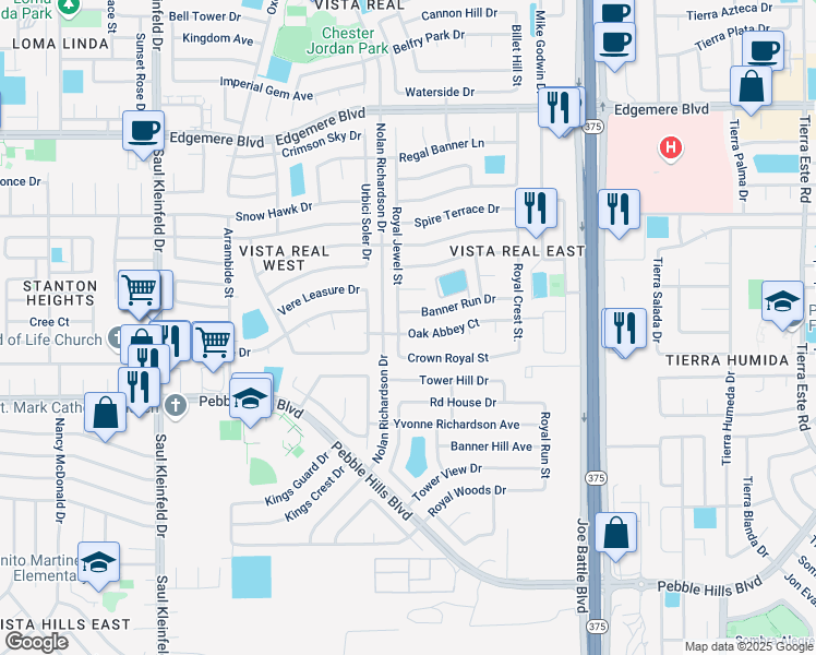 map of restaurants, bars, coffee shops, grocery stores, and more near 11941 Oak Abbey Court in El Paso