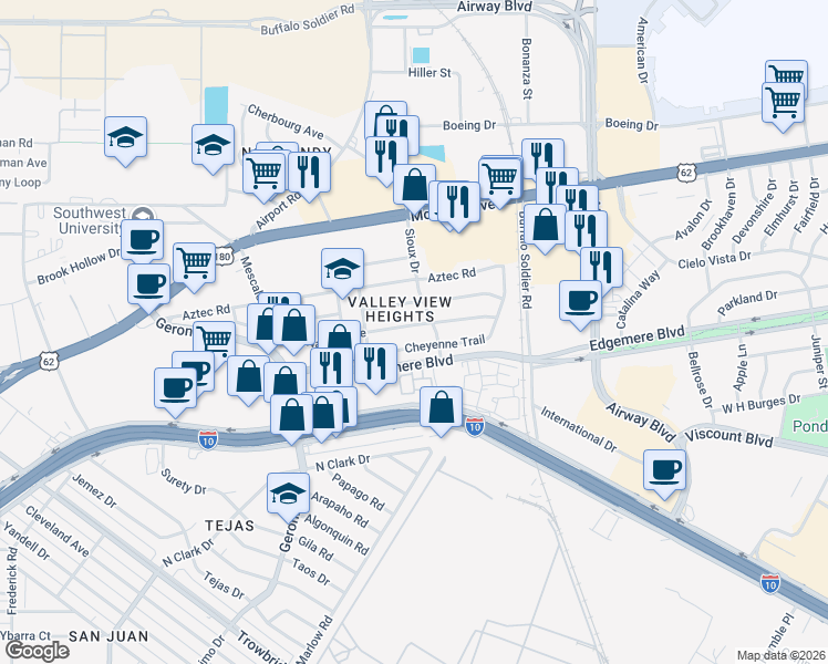 map of restaurants, bars, coffee shops, grocery stores, and more near 6436 Navajo Avenue in El Paso