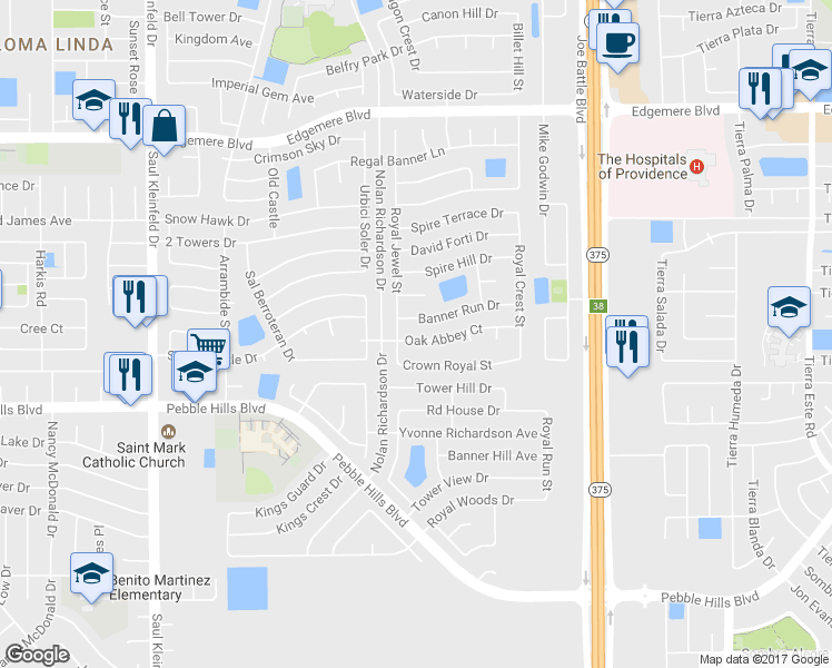 map of restaurants, bars, coffee shops, grocery stores, and more near 11941 Oak Abbey Court in El Paso