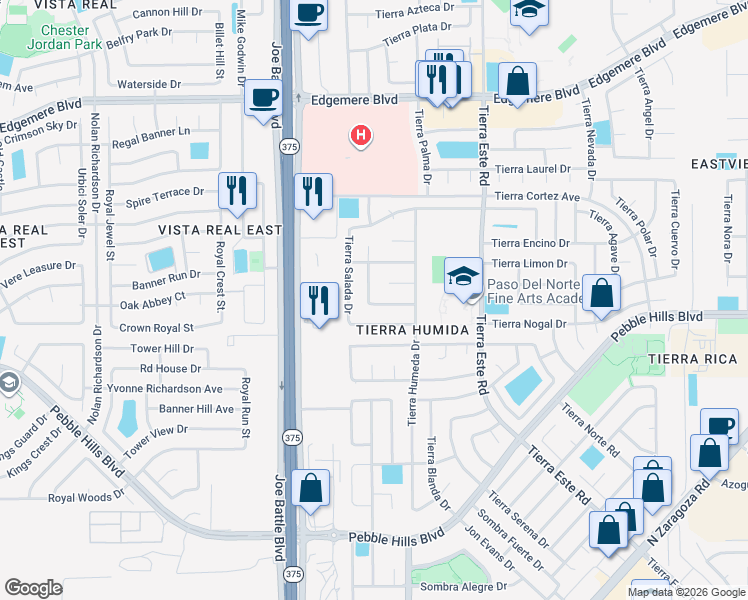 map of restaurants, bars, coffee shops, grocery stores, and more near 3028 Tierra Valle Drive in El Paso