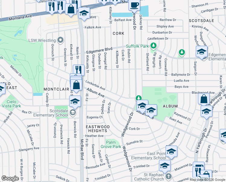 map of restaurants, bars, coffee shops, grocery stores, and more near 3000 Killarney Street in El Paso