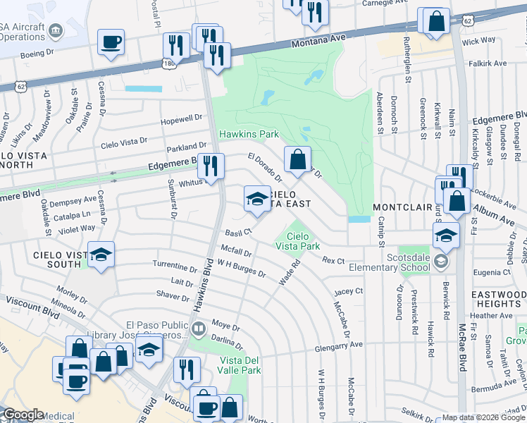 map of restaurants, bars, coffee shops, grocery stores, and more near 8920 Dirk Court in El Paso