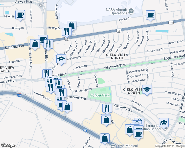 map of restaurants, bars, coffee shops, grocery stores, and more near 7500 Edgemere Boulevard in El Paso