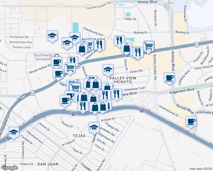 map of restaurants, bars, coffee shops, grocery stores, and more near 1201 Zuni Place in El Paso