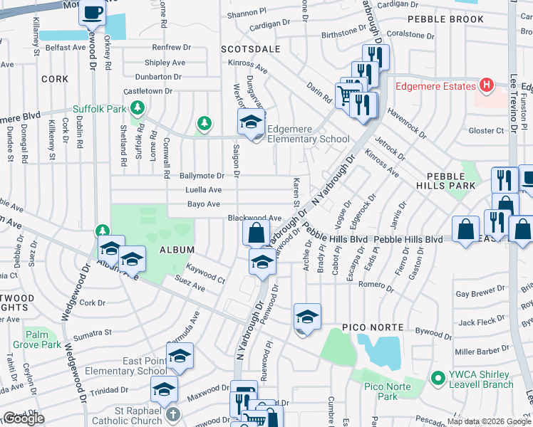 map of restaurants, bars, coffee shops, grocery stores, and more near 10329 Blackwood Avenue in El Paso