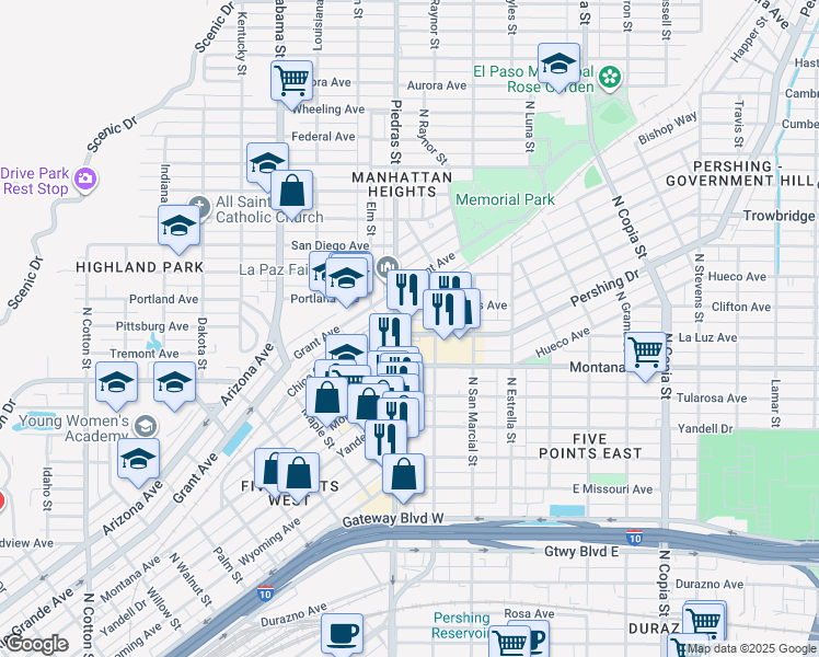 map of restaurants, bars, coffee shops, grocery stores, and more near 2905 Pershing Drive in El Paso