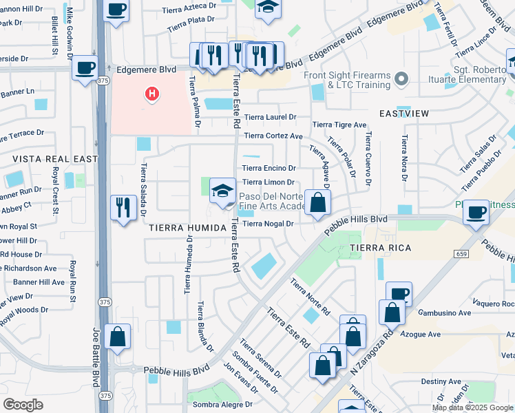 map of restaurants, bars, coffee shops, grocery stores, and more near 12420 Tierra Sauz Drive in El Paso