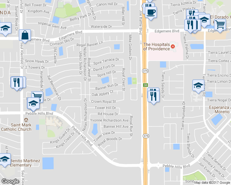 map of restaurants, bars, coffee shops, grocery stores, and more near 3097 Kings Crown Place in El Paso