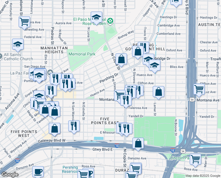 map of restaurants, bars, coffee shops, grocery stores, and more near in El Paso