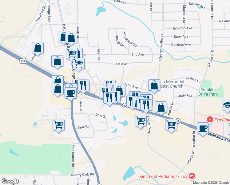 map of restaurants, bars, coffee shops, grocery stores, and more near 106 1st Street in Troy