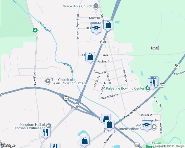 map of restaurants, bars, coffee shops, grocery stores, and more near 2114 Texas 155 in Palestine