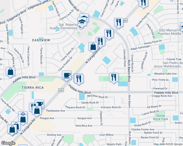 map of restaurants, bars, coffee shops, grocery stores, and more near 14001 Rainbow Point Drive in El Paso