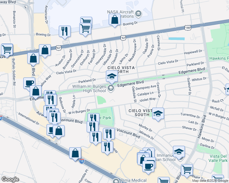 map of restaurants, bars, coffee shops, grocery stores, and more near 7800 Edgemere Boulevard in El Paso