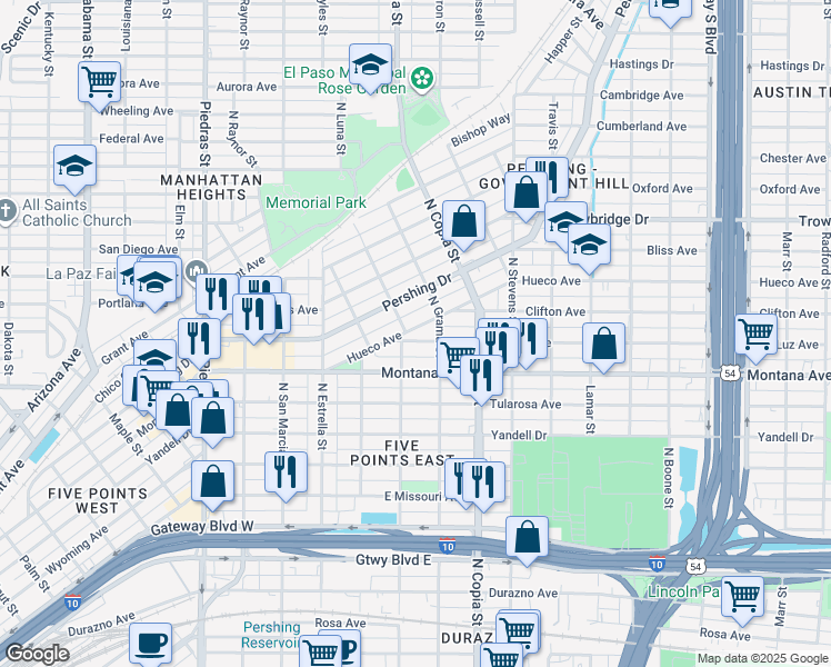 map of restaurants, bars, coffee shops, grocery stores, and more near in El Paso