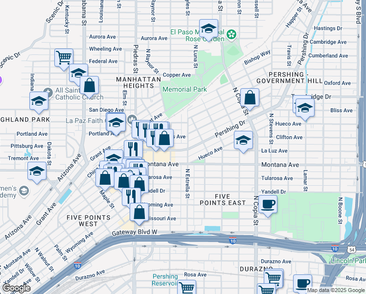 map of restaurants, bars, coffee shops, grocery stores, and more near 3105 Pershing Drive in El Paso