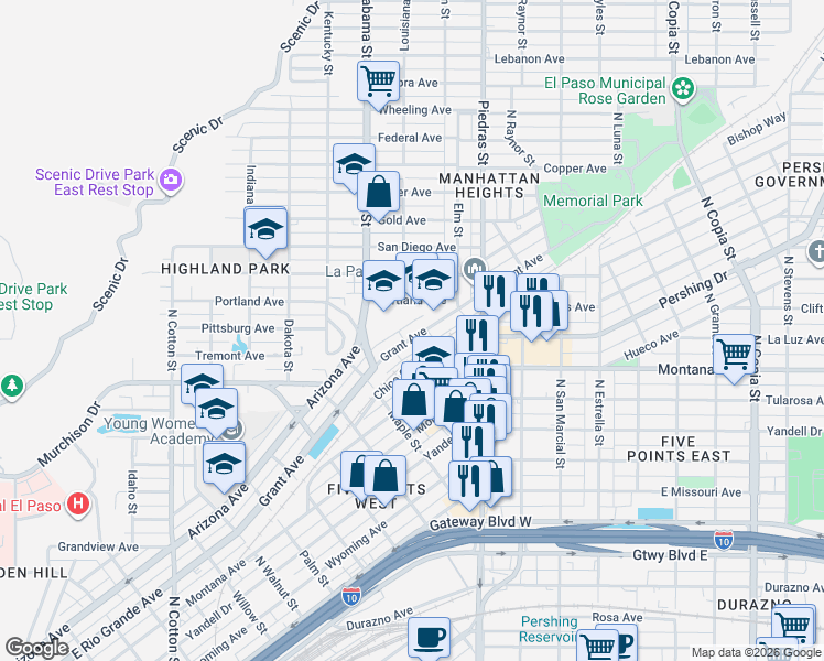 map of restaurants, bars, coffee shops, grocery stores, and more near 2825 Grant Avenue in El Paso