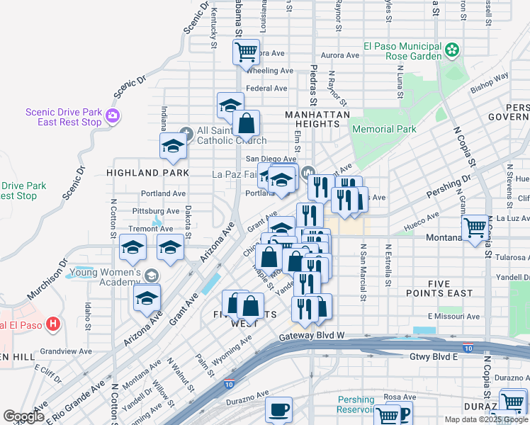 map of restaurants, bars, coffee shops, grocery stores, and more near 2825 Grant Avenue in El Paso