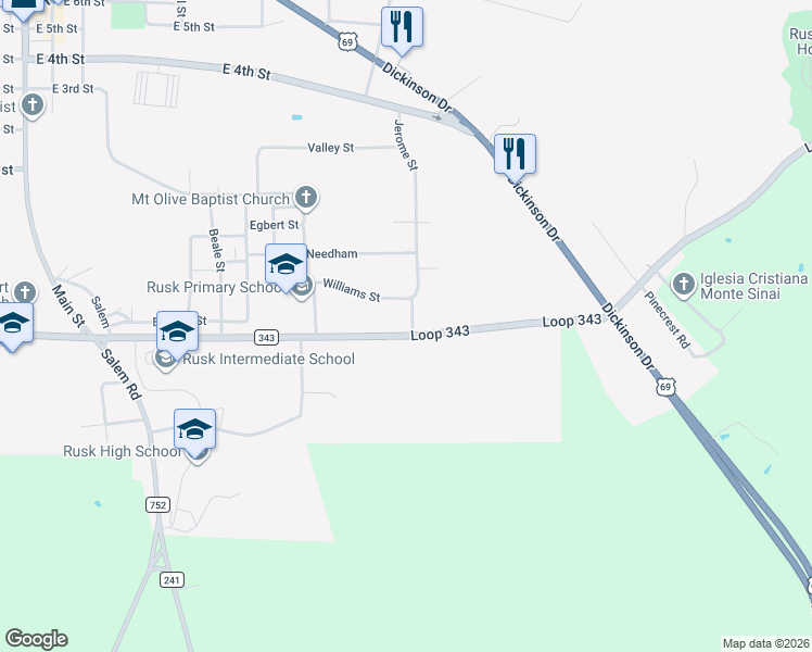 map of restaurants, bars, coffee shops, grocery stores, and more near 580 Loop 343 in Rusk