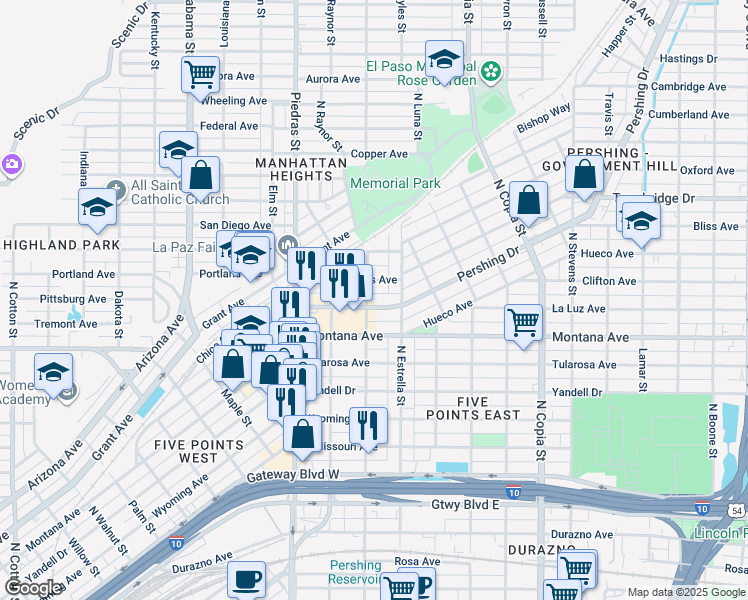 map of restaurants, bars, coffee shops, grocery stores, and more near 3105 Pershing Drive in El Paso