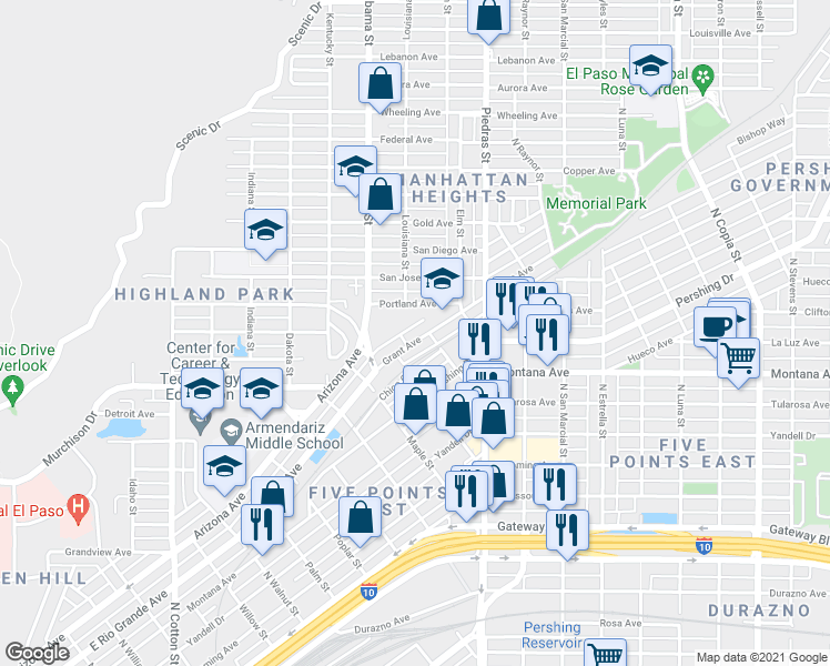 map of restaurants, bars, coffee shops, grocery stores, and more near 2809 Grant Avenue in El Paso