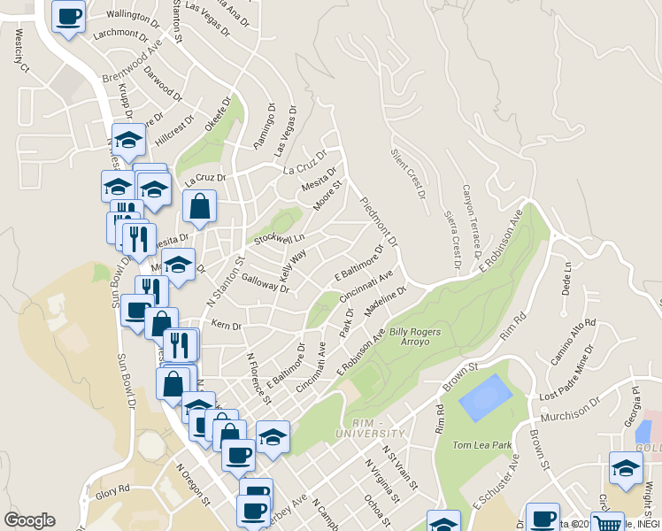 map of restaurants, bars, coffee shops, grocery stores, and more near 1124 Galloway Drive in El Paso