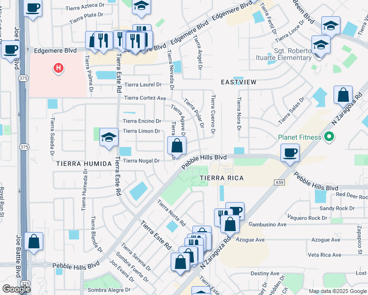 map of restaurants, bars, coffee shops, grocery stores, and more near 12512 Tierra Cuervo Dr in El Paso