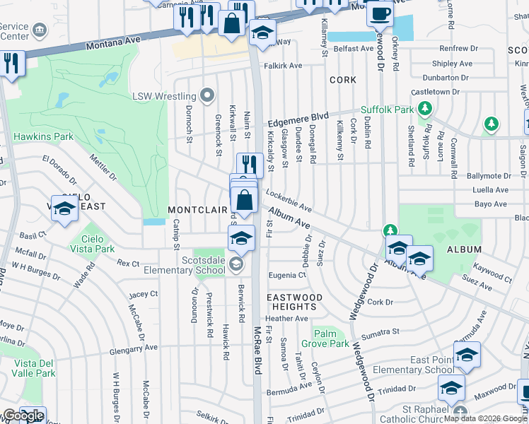 map of restaurants, bars, coffee shops, grocery stores, and more near 2929 Fir Street in El Paso