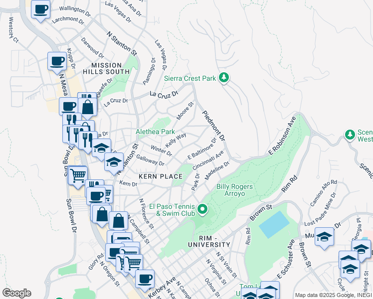 map of restaurants, bars, coffee shops, grocery stores, and more near 1124 Galloway Drive in El Paso