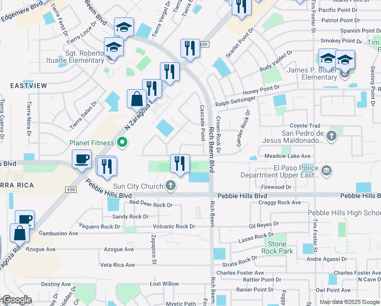 map of restaurants, bars, coffee shops, grocery stores, and more near 14109 Rainbow Point Drive in El Paso