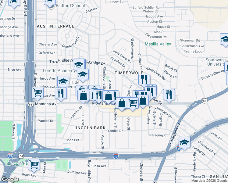 map of restaurants, bars, coffee shops, grocery stores, and more near 1105 Huckleberry Street in El Paso