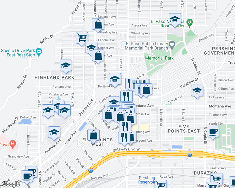 map of restaurants, bars, coffee shops, grocery stores, and more near 2851 Grant Avenue in El Paso