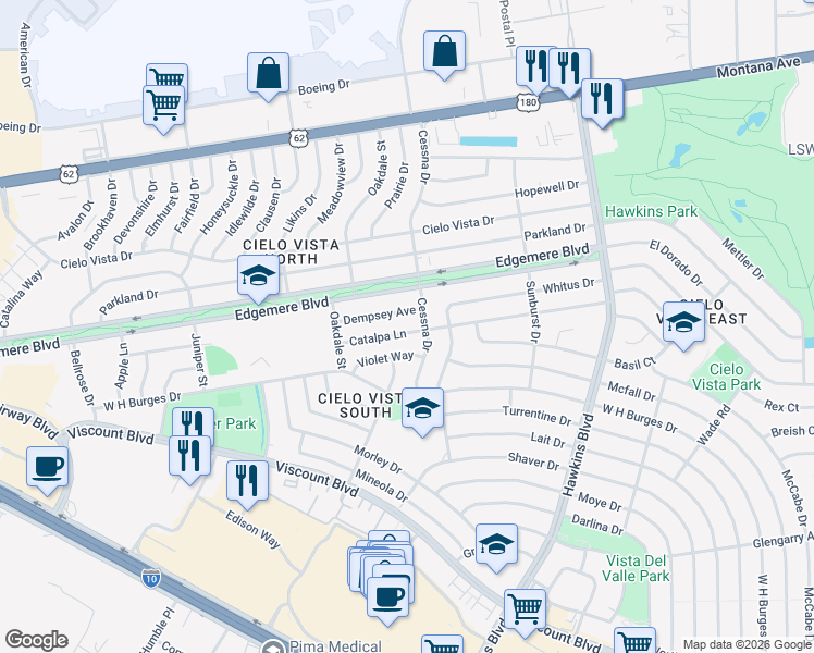 map of restaurants, bars, coffee shops, grocery stores, and more near 8217 Catalpa Lane in El Paso