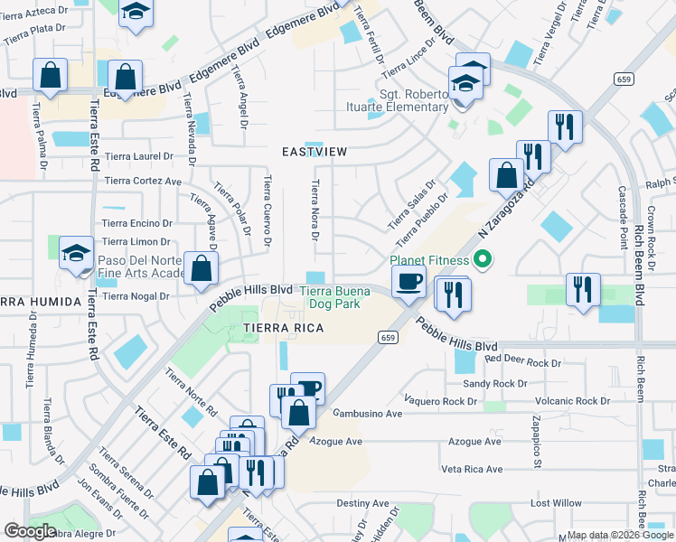 map of restaurants, bars, coffee shops, grocery stores, and more near 3012 Tierra Mina Drive in El Paso