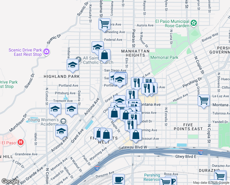 map of restaurants, bars, coffee shops, grocery stores, and more near 2825 Grant Avenue in El Paso