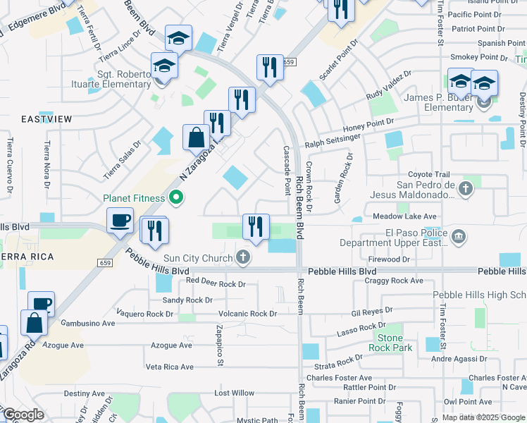 map of restaurants, bars, coffee shops, grocery stores, and more near 14109 Rainbow Point Dr in El Paso