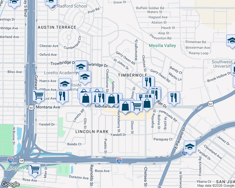 map of restaurants, bars, coffee shops, grocery stores, and more near 1105 Huckleberry Street in El Paso