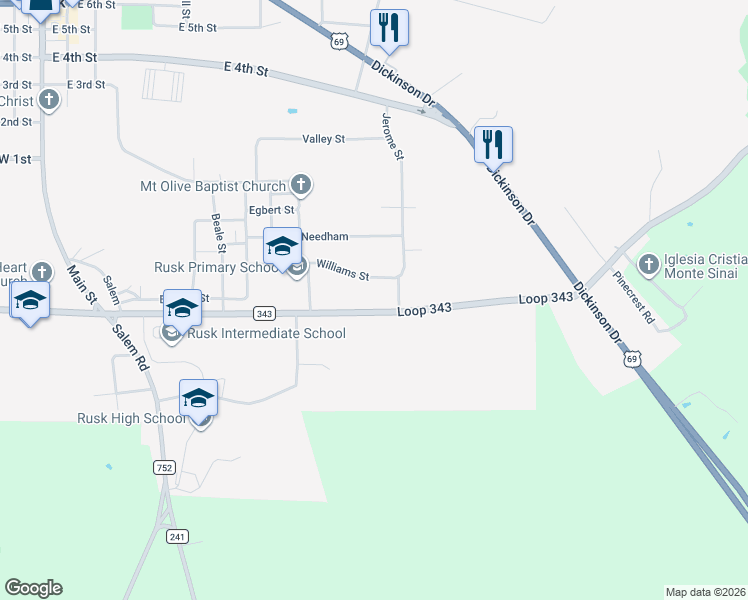 map of restaurants, bars, coffee shops, grocery stores, and more near 580 Loop 343 in Rusk