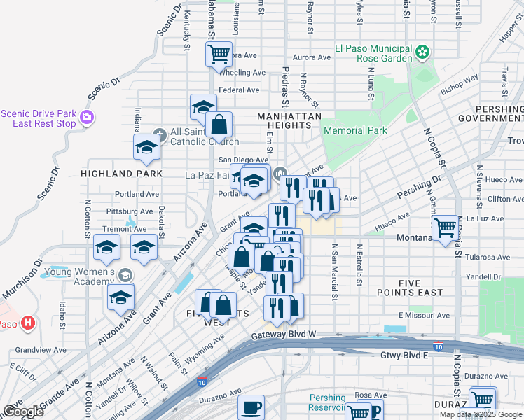 map of restaurants, bars, coffee shops, grocery stores, and more near 2851 Grant Avenue in El Paso