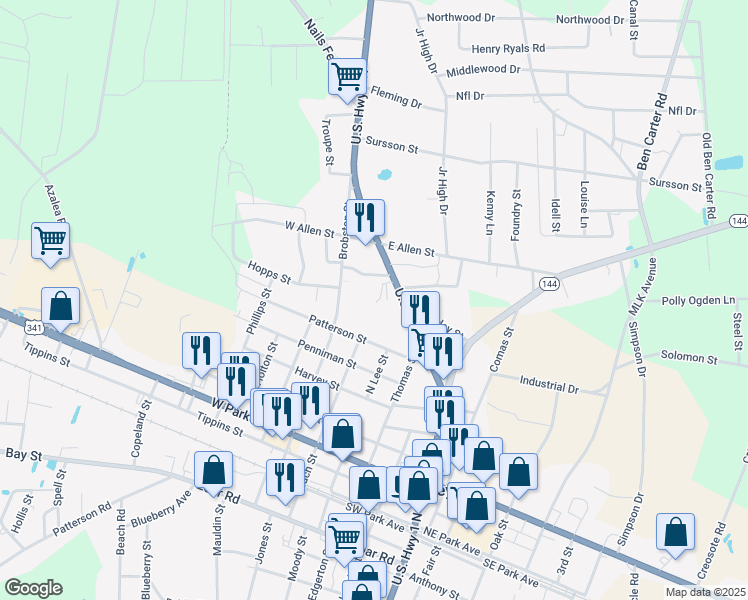 map of restaurants, bars, coffee shops, grocery stores, and more near 72 Erby Lane in Baxley
