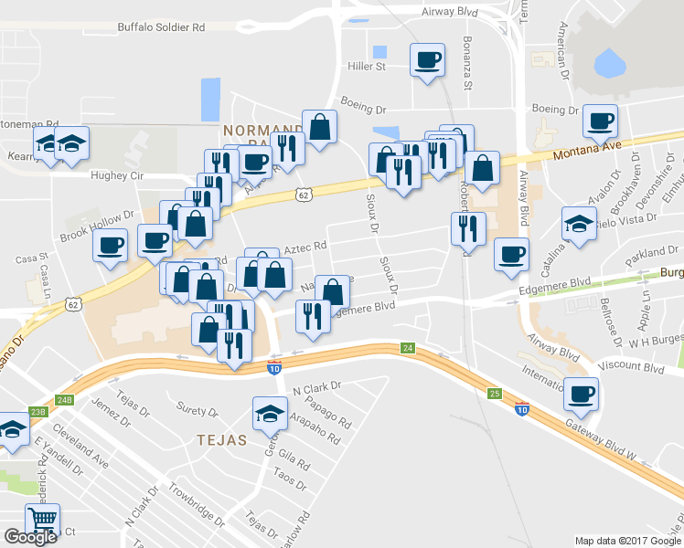 map of restaurants, bars, coffee shops, grocery stores, and more near 6405 Navajo Avenue in El Paso