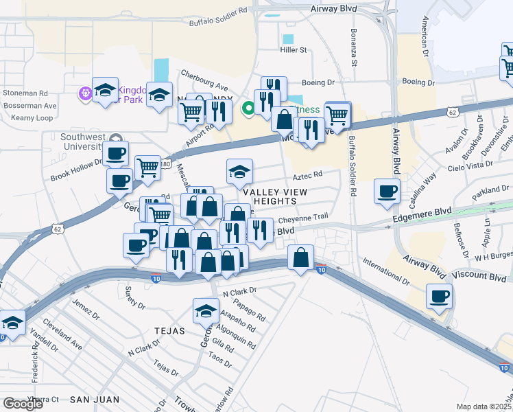 map of restaurants, bars, coffee shops, grocery stores, and more near 6405 Navajo Avenue in El Paso