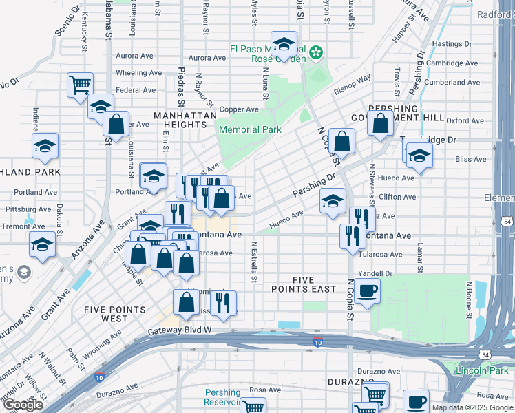 map of restaurants, bars, coffee shops, grocery stores, and more near 3201 Pershing Drive in El Paso