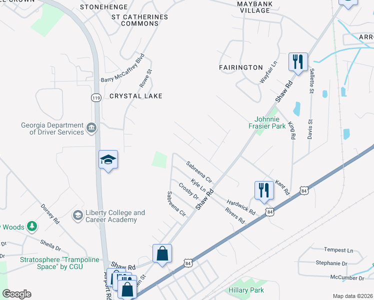 map of restaurants, bars, coffee shops, grocery stores, and more near 200 Kevin Road in Hinesville