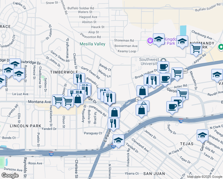 map of restaurants, bars, coffee shops, grocery stores, and more near 1316 Mathias Drive in El Paso
