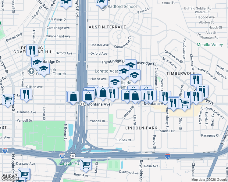 map of restaurants, bars, coffee shops, grocery stores, and more near 4500 Clifton Avenue in El Paso